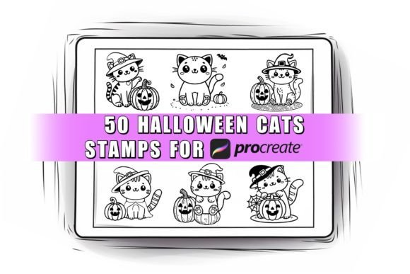 50 Halloween Cat Procreate Stamps