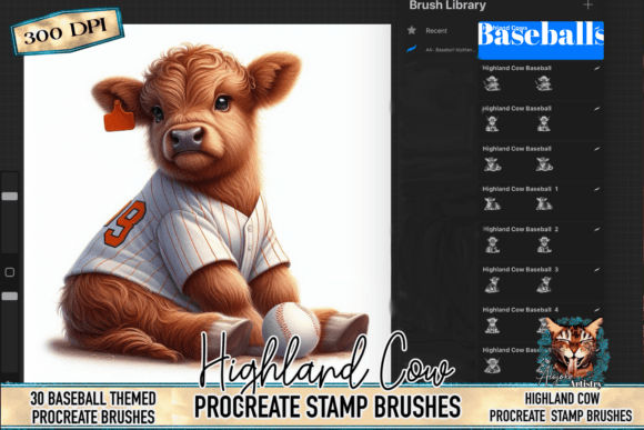 Baseball Highland Cow Procreate Stamps