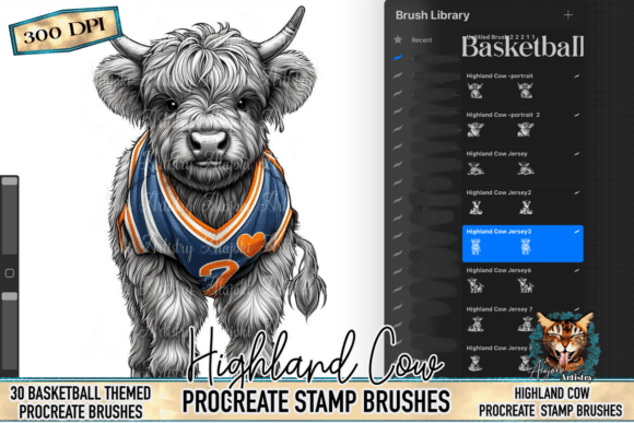 Basketball Highland Cow Procreate Stamps