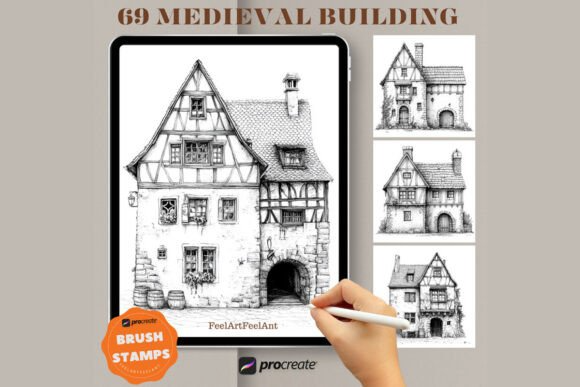 Medieval Building, 69 Procreate Stamps,